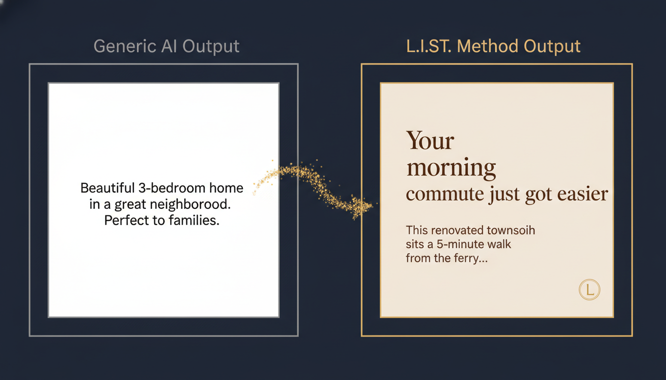 Side by side comparison showing generic AI output versus L.I.S.T. Method output