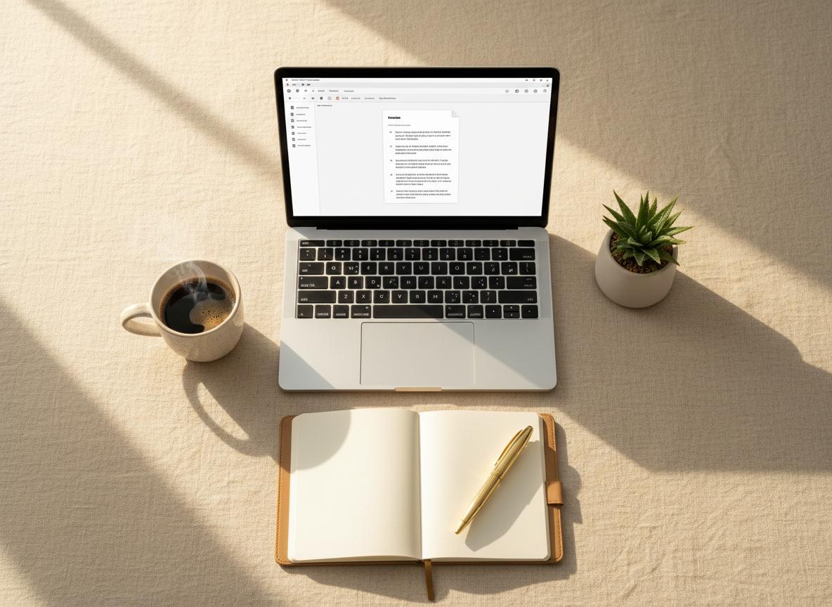 A real estate agent's workspace with laptop, coffee, and notebook ready for content creation
