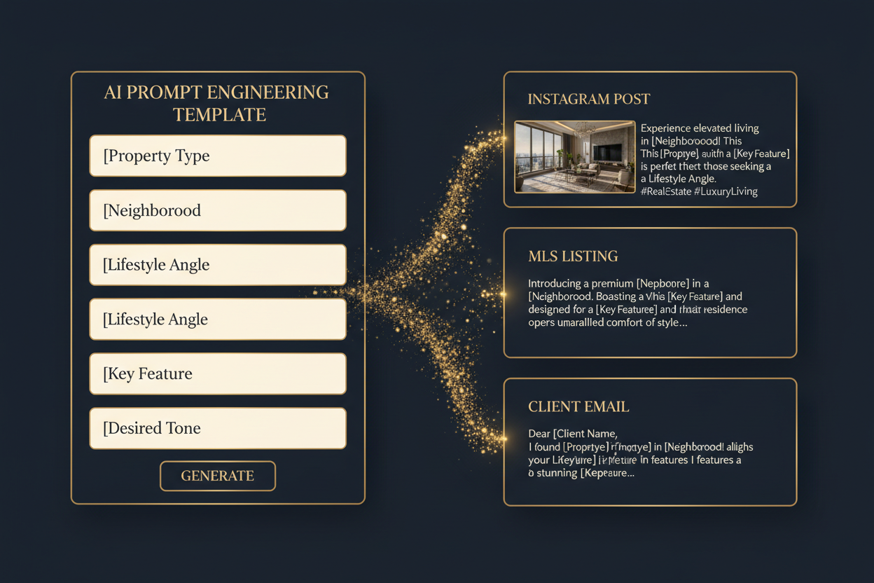 AI prompt engineering template showing how structured inputs produce better listing, social, and email outputs